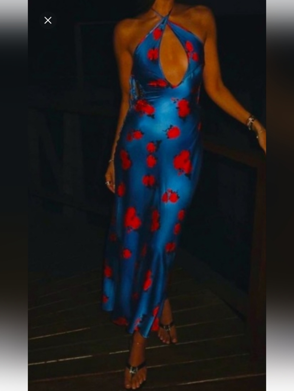 Mirae Rebecca Blue Floral Halter Slip Dress with Red Roses - Picture 3 of 5
